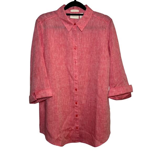 Chicos 100% Linen No Iron Button Up Shirt Pink Red Coral Size 1 Collar Summer - Picture 1 of 9